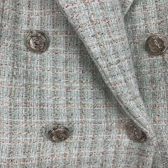 Zara Blazer Tweed Double Breasted Light Blue Blogger Fave Womens Size Medium - Picture 7 of 15